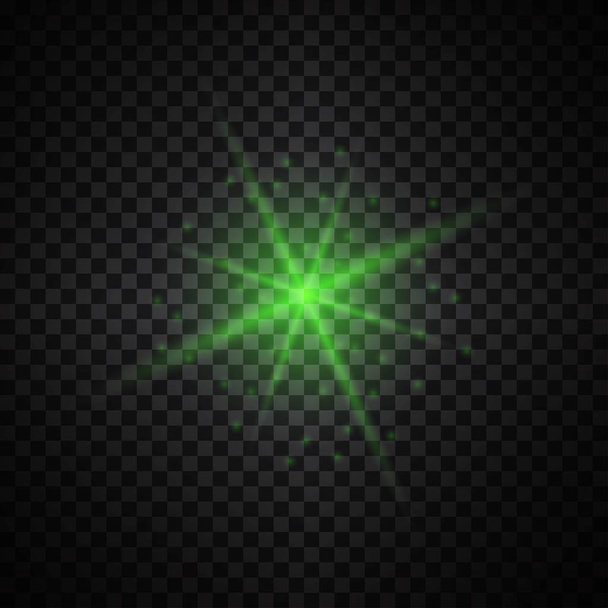 Luces luminosas verdes vectoriales sobre fondo transparente. Rayos de luz de efecto especial. Chispa, explosión estelar, destello. Faro de luz. Iluminación
. - Vector, imagen