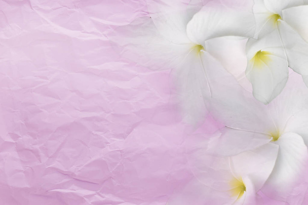 Wrinkled sheet  paper pink, right flower and left side empty spa - Zdjęcie, obraz