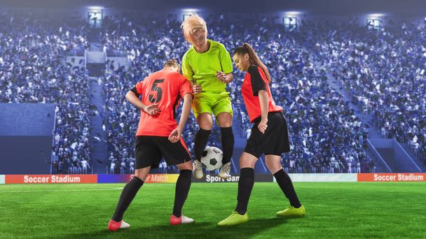 τρεις Γυναικείο ποδόσφαιρο παίκτες κατά τη διάρκεια αγωνίζεται για την μπάλα - Φωτογραφία, εικόνα