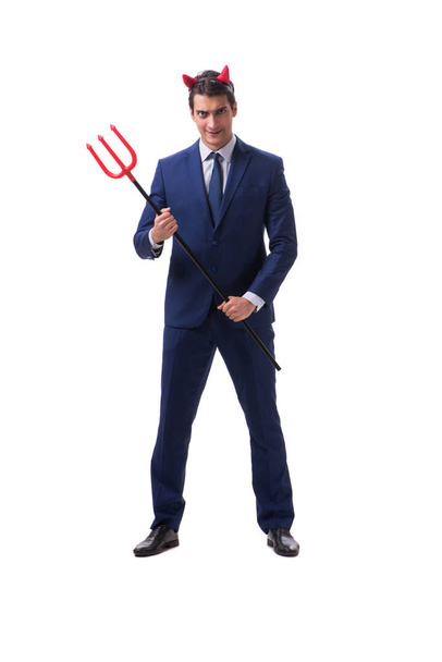Böser Geschäftsmann mit Mistgabel auf weißem Hintergrund - Foto, Bild