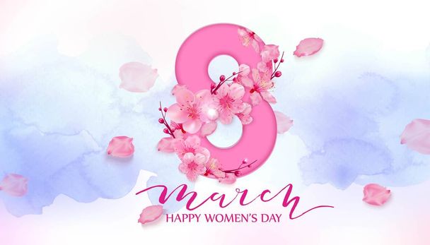 Happy Womens Day card with cherry blossoms on pink background. - Vector, Image