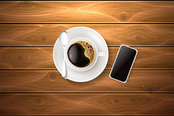Векторная чашка кофе ложка смартфон деревянная текстура
 - Вектор,изображение
