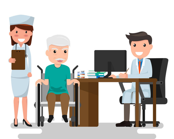 Médecin et homme plus âgé patient dans un style plat isolé sur bac blanc
 - Vecteur, image