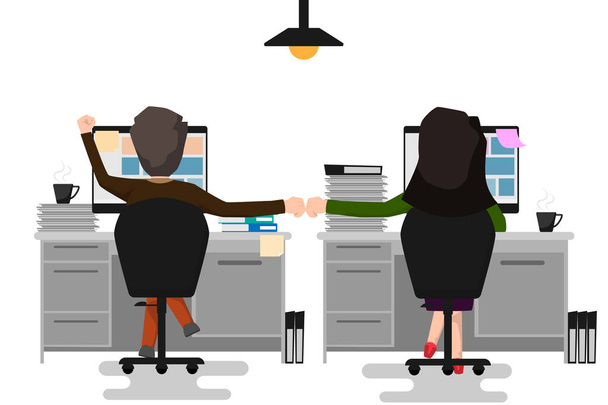 Kaksi liikemies ja nainen tekee nyrkki kolahtaa toimistossa Coll
 - Vektori, kuva