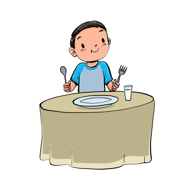 少年は、昼食をとる。ベクトル イラスト手描きスタイルの分離背景. - ベクター画像