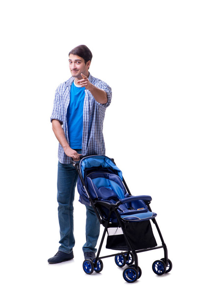 Young dad with baby pram isolated on white - Fotoğraf, Görsel