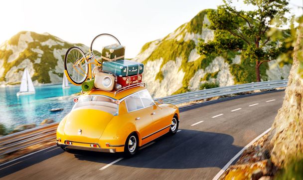 Cute little retro car with suitcases and bicycle on top goes by the road along beautiful harbor between mountain in summer day. - Fotografie, Obrázek