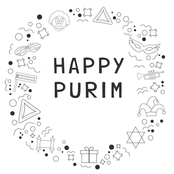 Frame with purim holiday flat design black thin line icons with  - Vektor, Bild