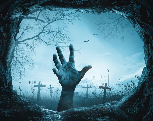 Halloween concept: Spooky Zombie hand design in cemetery for Halloween background. 3D illustration - Photo, Image