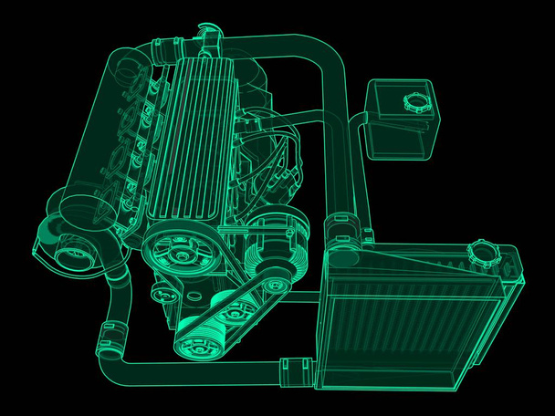 Turbo-Vierzylinder-Hochleistungsmotor für einen Sportwagen. grüne Leuchtschrift-Illustration auf schwarzem Hintergrund. 3D-Darstellung. - Foto, Bild