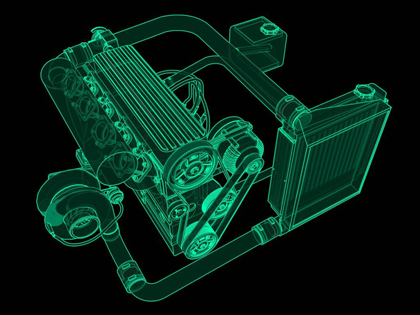 Turbocompressor de quatro cilindros, motor de alto desempenho para um carro esporte. Ilustração de brilho de néon verde sobre um fundo preto. Renderização 3d
. - Foto, Imagem