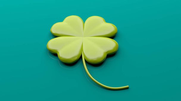 St Patrick's dört yapraklı yonca yeşil zemin üzerine. 3D çizim - Fotoğraf, Görsel