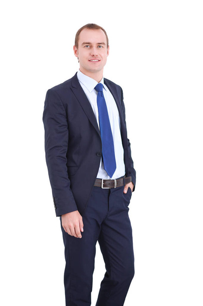 Happy businessman standing isolated on white background. - Photo, image