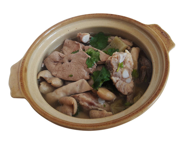 Wieprzowina Chitterlings gotowane z pikle serwowane w glinianych garnku - Zdjęcie, obraz