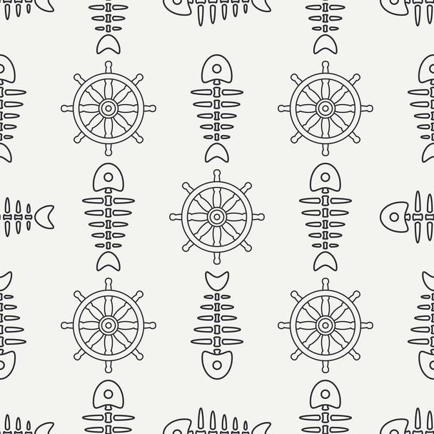 Flat line monochrome vector seamless pattern ocean fish bone, skeleton with steering wheel. Retro cartoon style. Skull. Sea doodle art. Background. Illustration and element for your design, wallpaper - ベクター画像