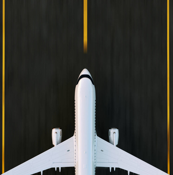 白い商業飛行機夕暮れの空港滑走路で離陸。旅客機が離陸します。飛行機の概念 3 d イラスト. - 写真・画像