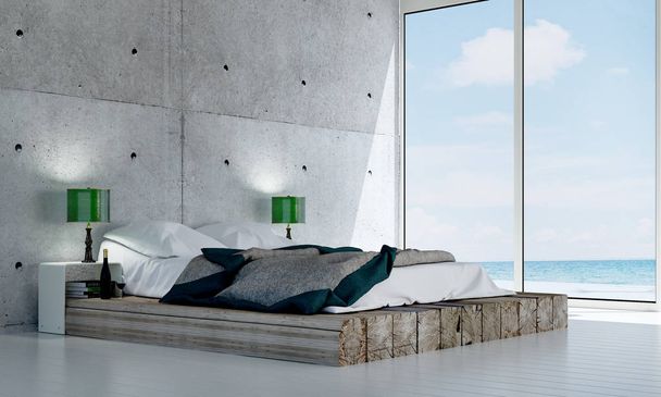 寝室のインテリア デザインとコンクリートのテクスチャ壁の背景と海を表示します。 - 写真・画像