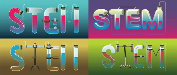 Abstract Ilustração da palavra STEM em ciência, tecnologia, engenharia, educação matemática conceito tipografia design com ícones elementos ornamento editável
. - Vetor, Imagem