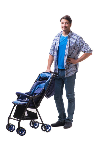 Young dad with child pram isolated on white - Foto, Imagem