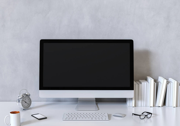 白いトップ デスク、作業スペース、バック グラウンド作業、作業部屋のインテリアにデスクトップ コンピューターの画面のあるワーキング エリアのインテリア デザイン コンクリート background.3d レンダリング - 写真・画像