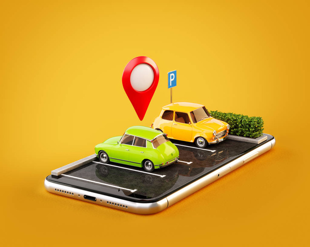 Unusual 3d illustration os smartphone application for online searching free parking place on the map. Parking and car sharing concept - Photo, image