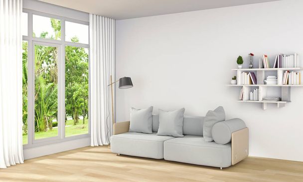 Representación 3D de la habitación interior moderna y el paisaje verde en la ventana
. - Foto, Imagen