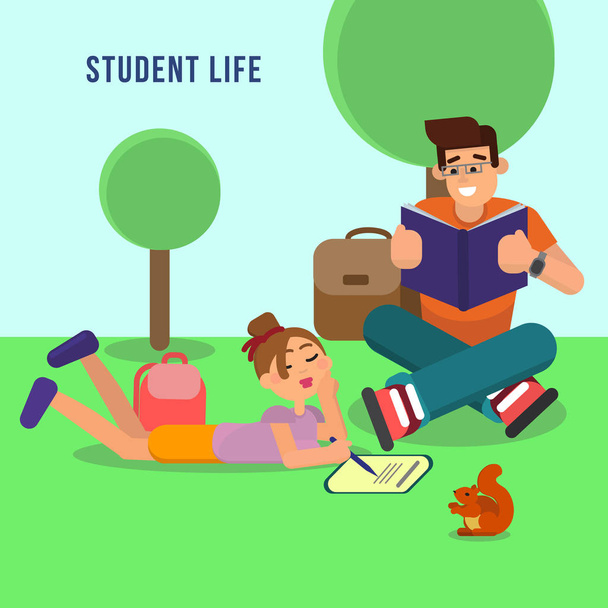 Students preparing to exams in park - Vector, Image