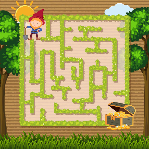 Labyrinth-Spielvorlage mit Zwerg und Garten-Hintergrund - Vektor, Bild