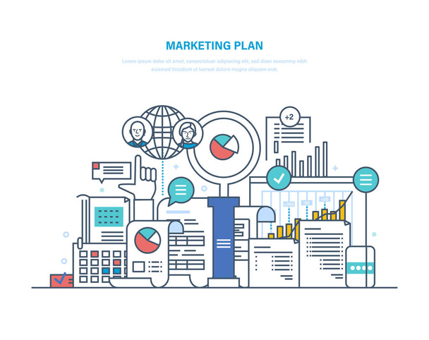 Marketing plan. Promotion, targeting, market research, development strategy, mission statement. - Vector, Image
