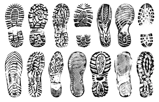 Footprints human shoes silhouette, vector set, isolated on white background - Vector, Image