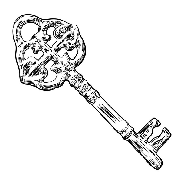 Ornamental medieval vintage key with intricate design, Victorian leaf scrolls and hand drawn swirls.  Vector. - Vetor, Imagem