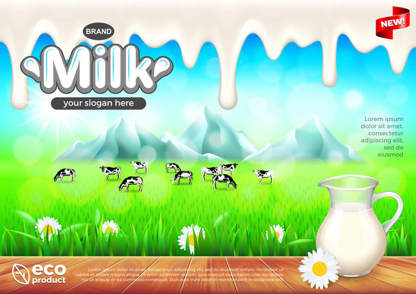 Milk ads. Jug on wooden table, green field vector background - Vector, Image