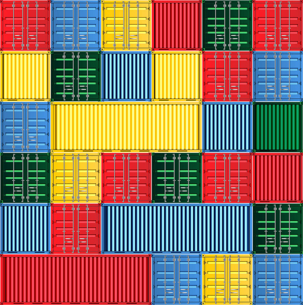 Frachtcontainer für Gütertransport und Logistik. Frachtschifffahrt, mehrfarbig gestapelte Frachtcontainer isoliert auf weißem Hintergrund. - Vektor, Bild