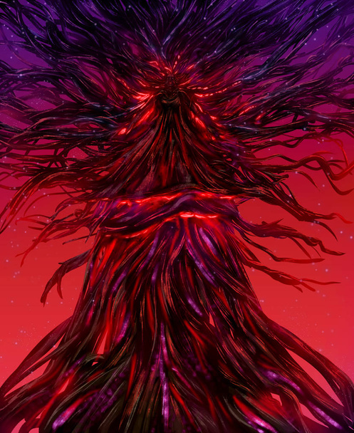 Иллюстрация воображаемой богини, запертой в огненном светящемся дереве с багровым фоном
. - Фото, изображение