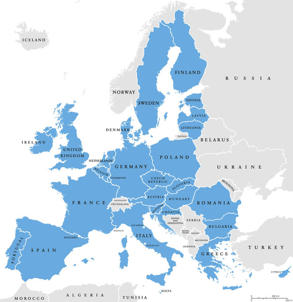 Χώρες της Ευρωπαϊκής Ένωσης, Αγγλικά μαρκάρισμα, πολιτικό χάρτη - Διάνυσμα, εικόνα