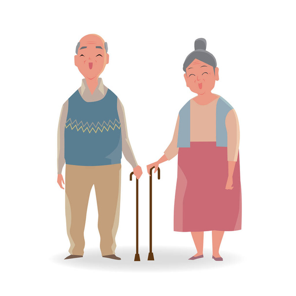 Full length portrait of senior couple with a walking cane smiling isolated on white background. - Vector, Image
