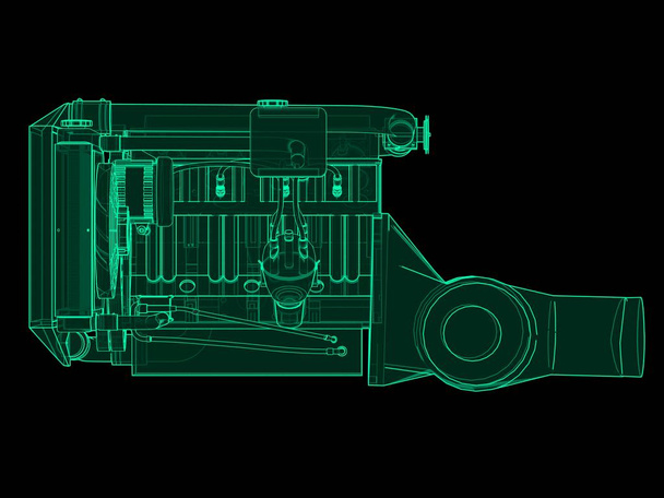 Турбонаддувний чотирициліндровий високопродуктивний двигун для спортивного автомобіля. Зелений неоновий світиться ілюстрація на чорному тлі. 3D візуалізація
. - Фото, зображення