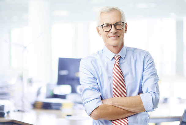 An executive senior financial advisor businessman standing with arms crossed at the office and looking at camera. - 写真・画像