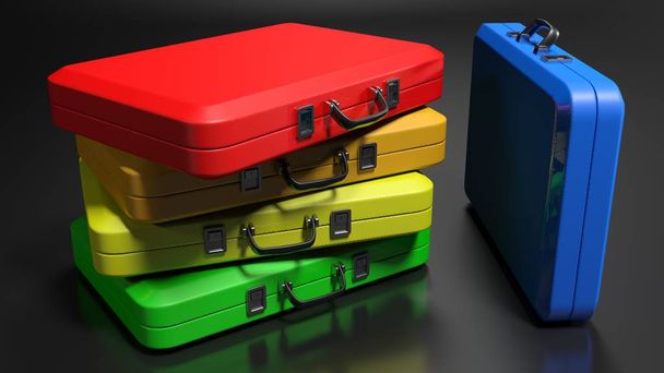 さまざまな色のいくつかのスーツケースは、他の 1 が敷設されます。1 つは脇に立っています。3 d レンダリング図 - 写真・画像