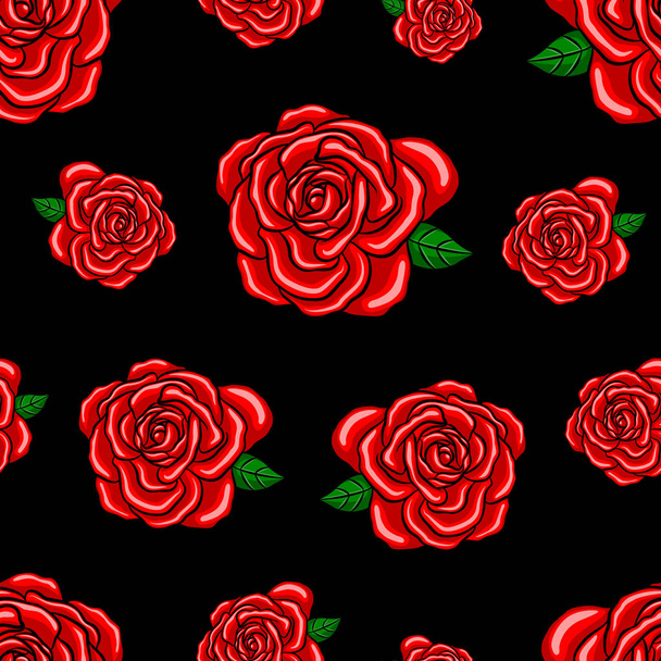 Red roses seamless pattern.  Vector illustration isolated on black background. Happy Valentine's day. - Vector, Image