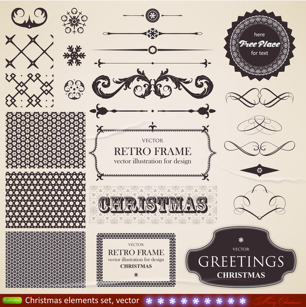 Christmas decoration collection Set of calligraphic and typographic elements, frames, vintage labels, ribbons, borders, holly berries, fir-tree branches and balls. All for holiday invitation design. - Vektor, Bild