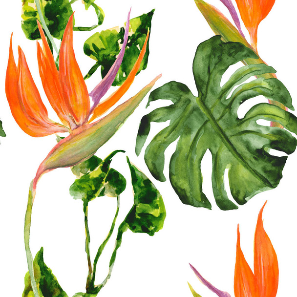 Jednolity wzór tropikalny liści i kwiatów - Zdjęcie, obraz