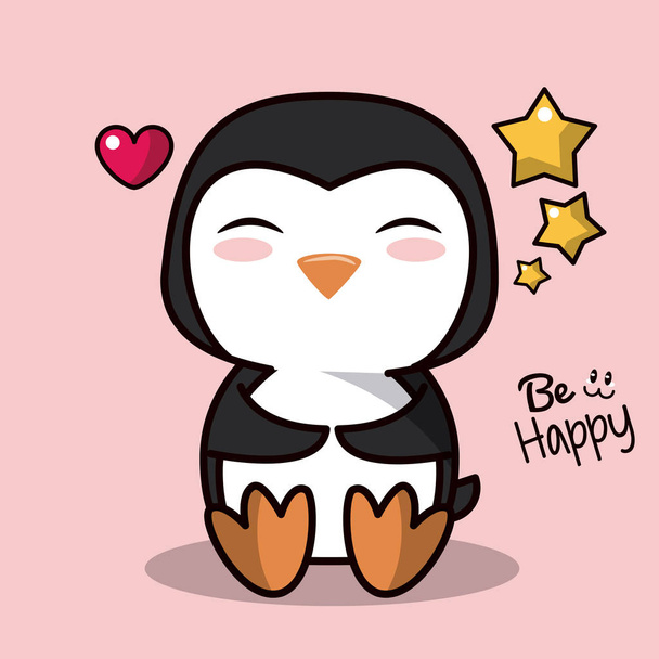 pink color background with cute kawaii animal penguin and floating hearts with stars - Vector, Image