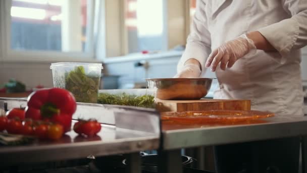 Koch bereitet in der Küche des Restaurants einen Salat zu - Filmmaterial, Video