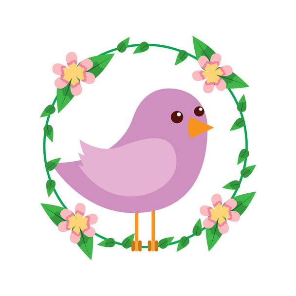 cute bird in decorative floral wreath flowers decoration - Vector, Image