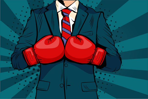 Man in boxing gloves vector illustration in comic pop art style. Businessman ready to fight and protect his business concept. Fight club. Boxing and glove, boxer strength.  - Vector, Image