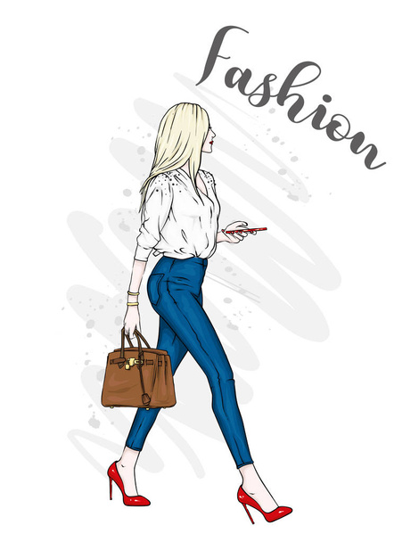 A beautiful girl in jeans, a blouse and in high-heeled shoes. A stylish woman with long hair and a bag. Fashion and style, clothing and accessories. The vector eps10. - Vector, afbeelding