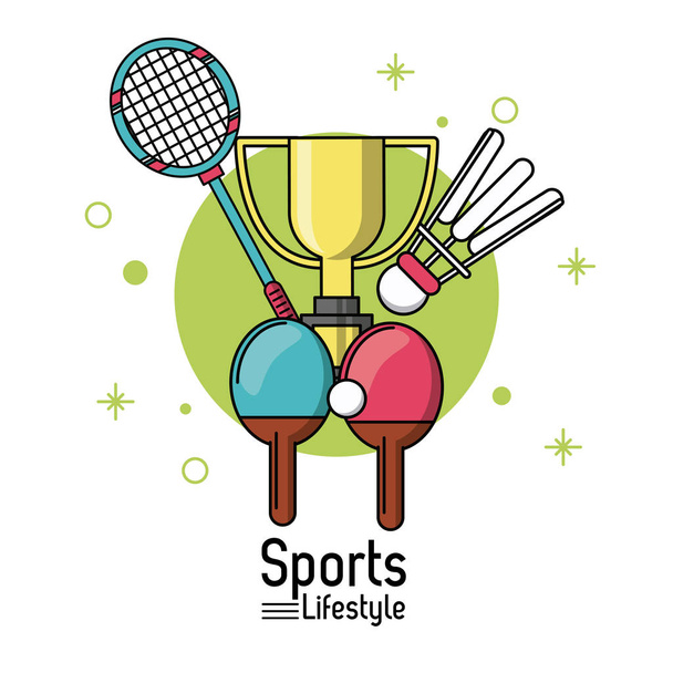 poster colorato di stile di vita sportivo con racchette di badminton e ping pong e trofeo
 - Vettoriali, immagini