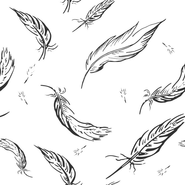 Vector illustration of black and white feather pattern in hand drawn style. - Вектор,изображение