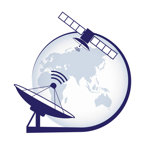 Sztuczny Satelita. Satelity telekomunikacyjne na ziemi geostacjonarnych w przestrzeni i satelitarnej anteny. - Wektor, obraz